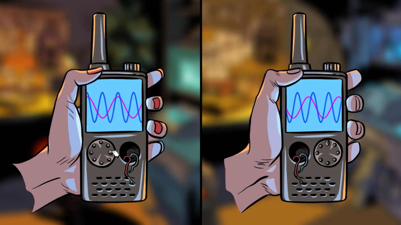 Split-screen view of the walkie-talkie challenge in Unsolved Case