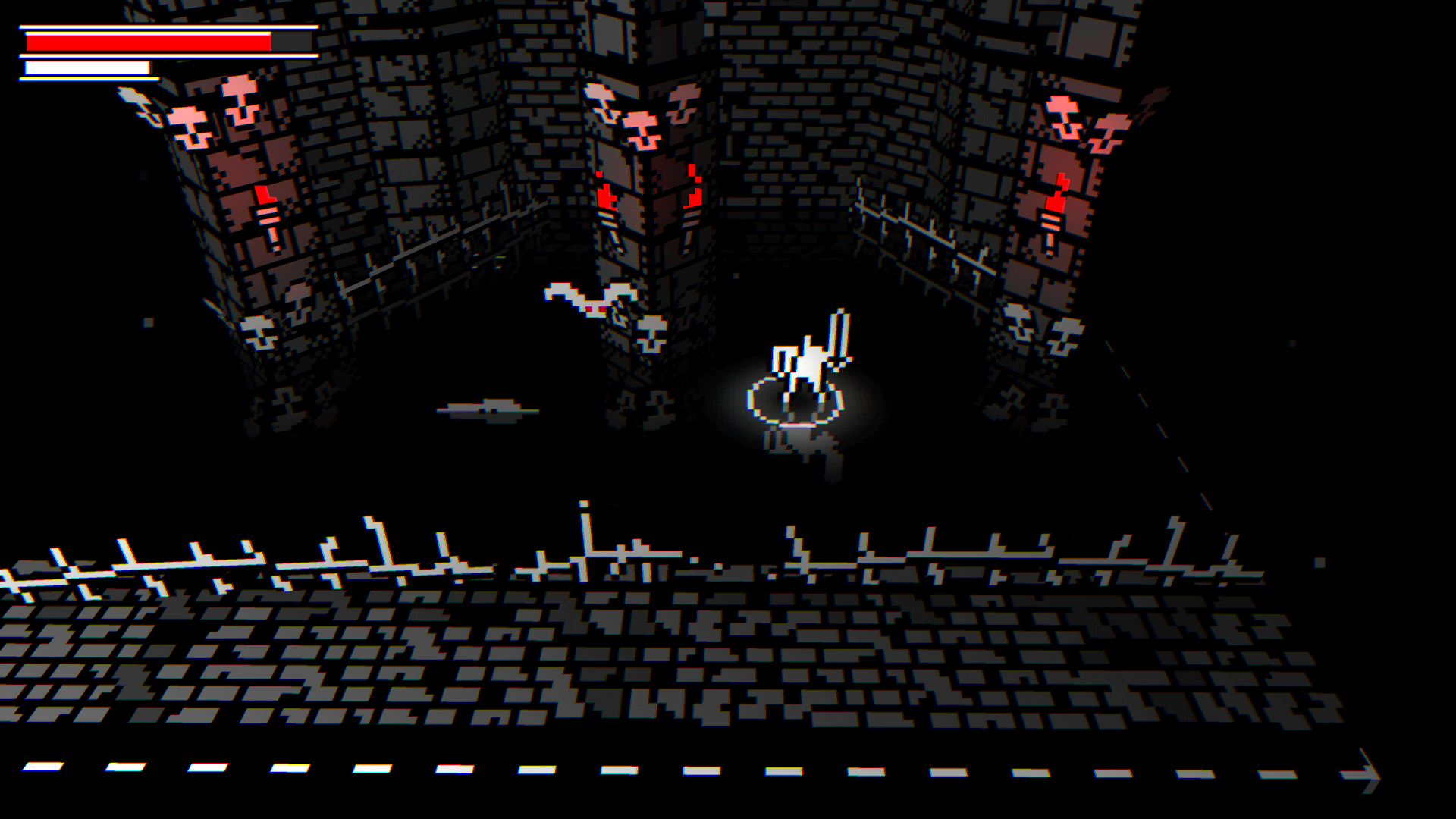 Bleak Sword 的英雄在 The Catacombs 中發動攻擊； 玩家在釋放之前點擊並按住觸摸屏以發動更強大的攻擊。