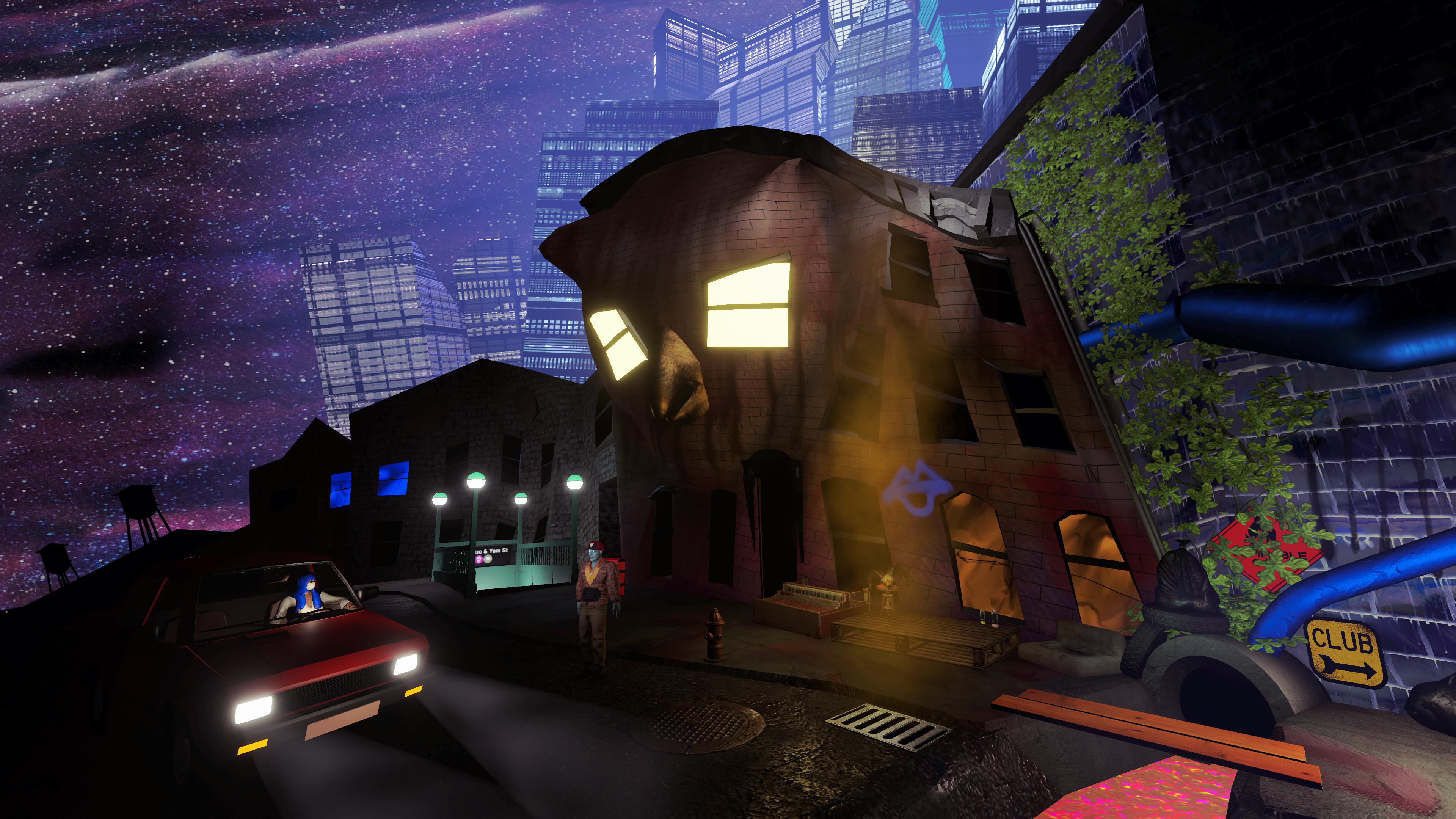 Still from gameplay in Betrayal at Club Low: A view outside the eponymous Club Low