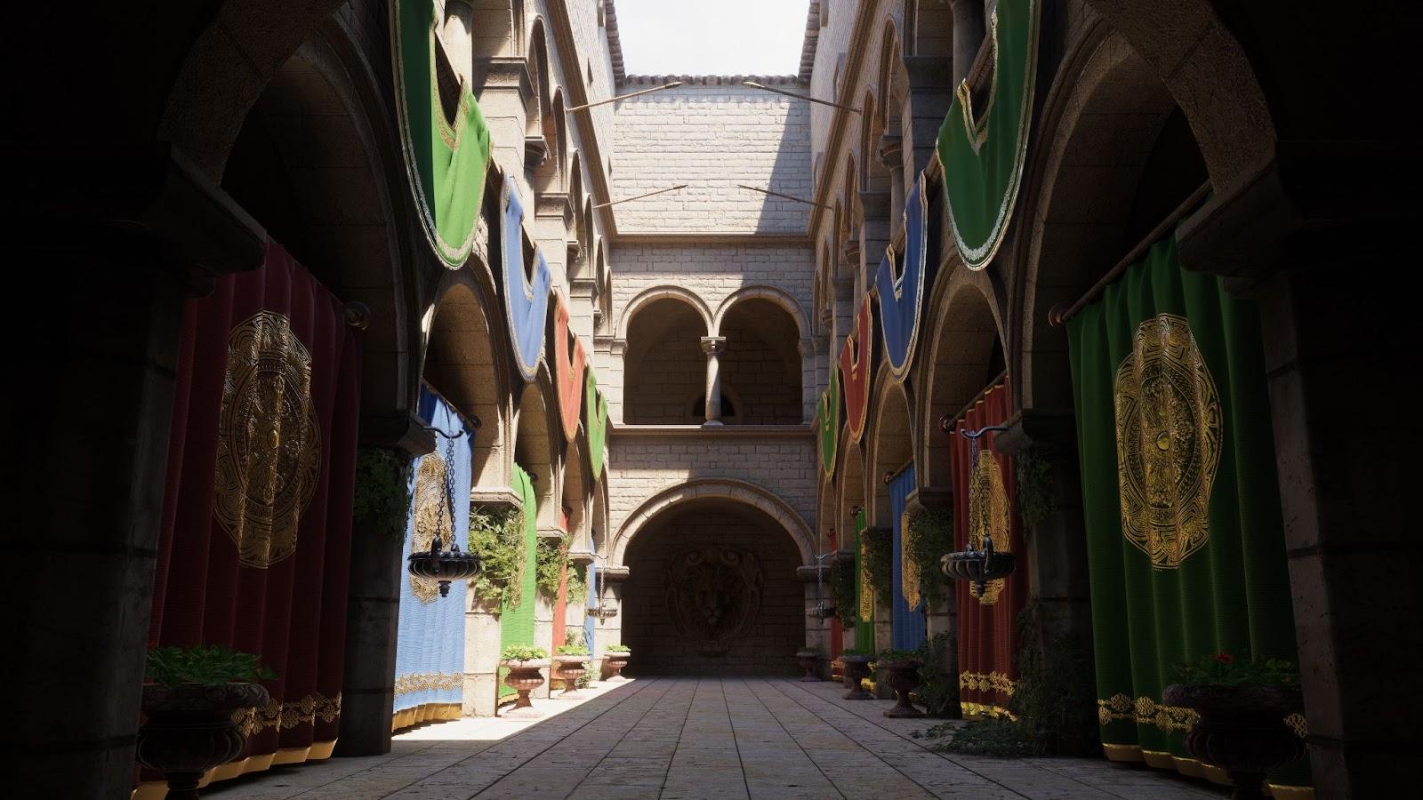 Close up view of the Sponza atrium scene, remastered for Unity