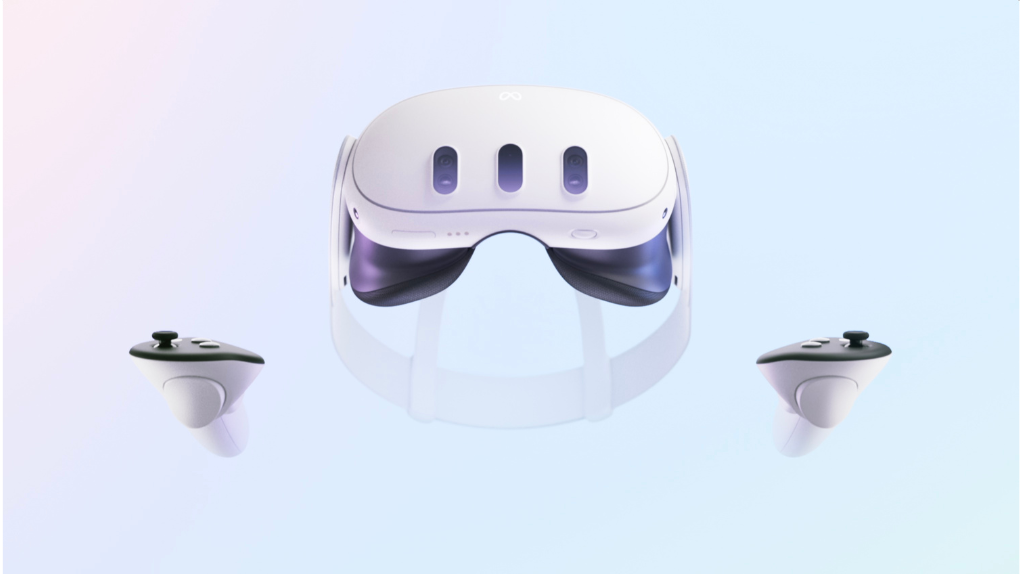 White-colored Meta Quest 3 headset and controllers floating over ombre pastel background