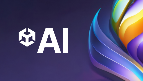Unity cube logo in white followed by text reading “AI” on dark purple background with colorful swirling, curved lines on righthand side