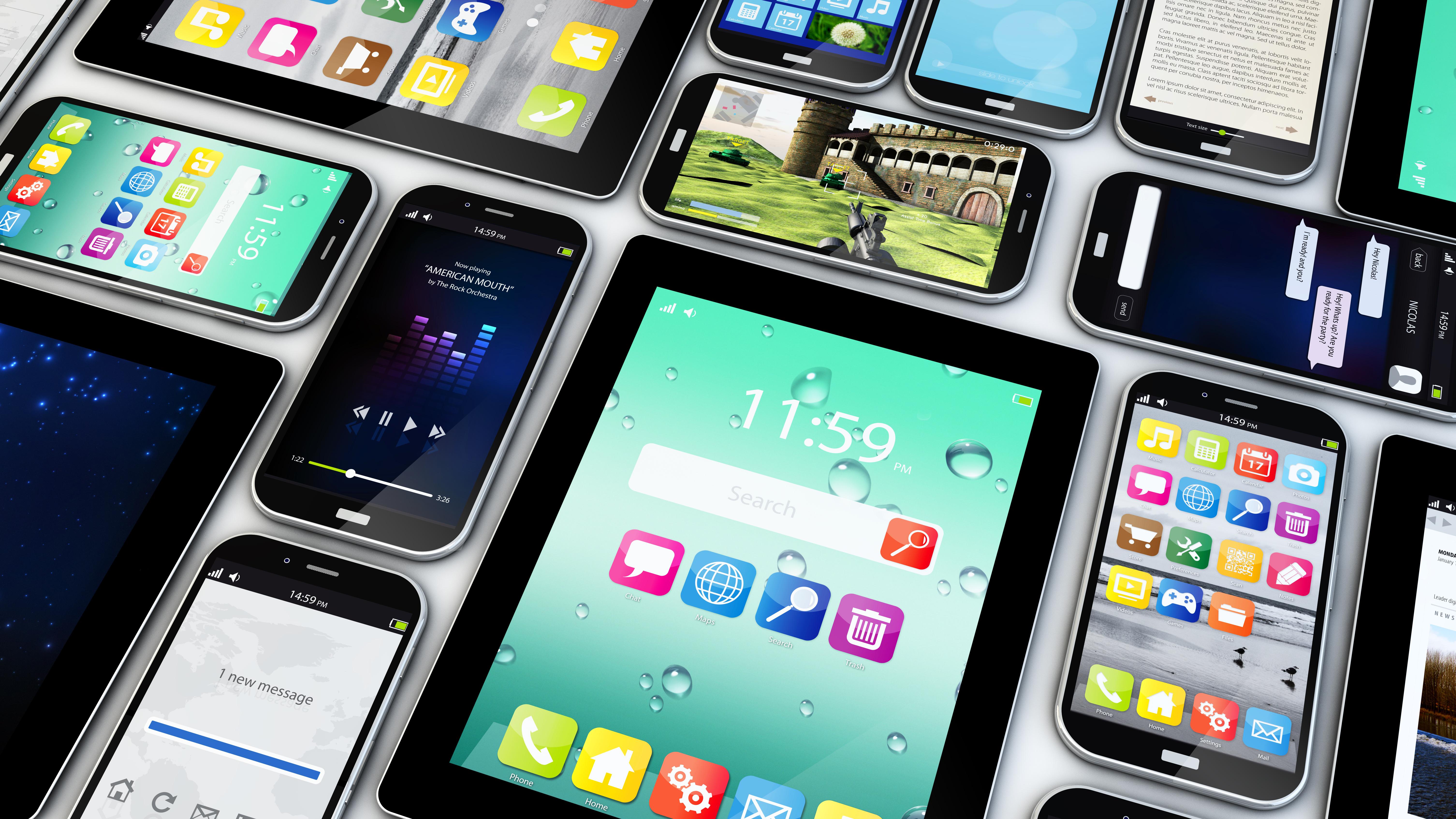 Group of mobile devices with apps and interfaces (credit: MclittleStock - stock.adobe.com)