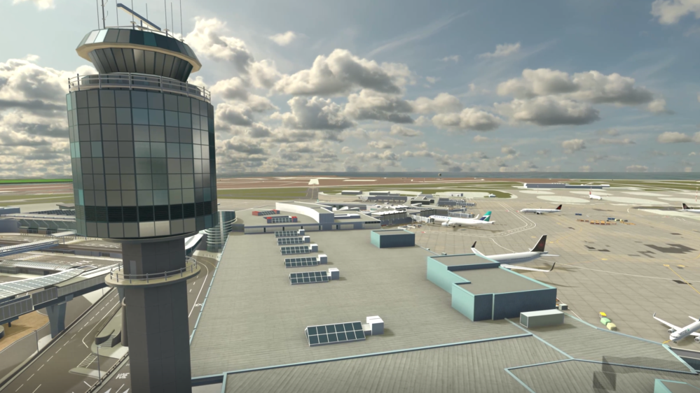 View of airport tarmac with the YVR digital twin, made with Unity