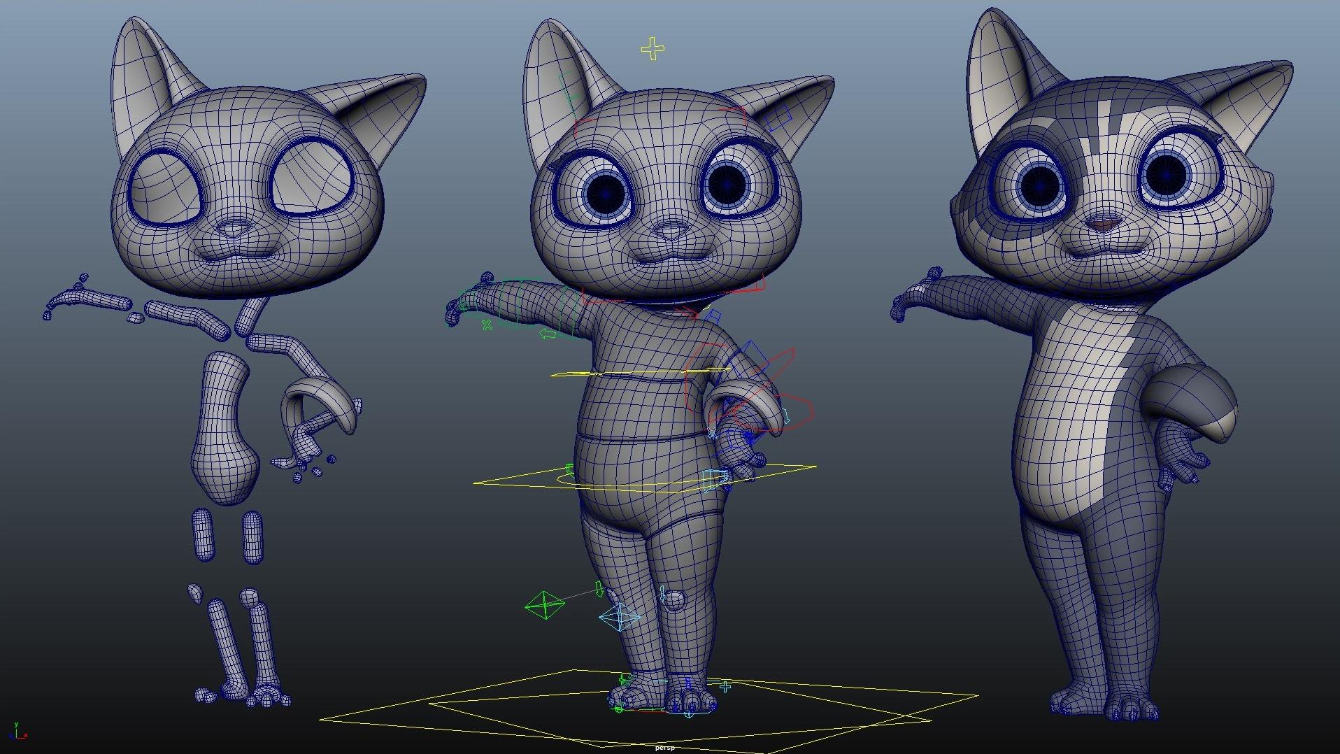 Character rig showcasing the same pose over three stages of the lifecycle of a cat character developer for a GDC 2023 session demo