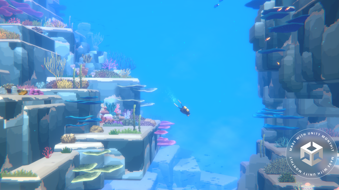 Screenshot from MINTROCKET title Dave the Diver showing Dave diving alongside coral-covered structures