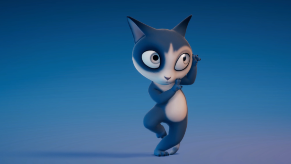 Cat character created with Ziva Real-Time poses coyly over blue background