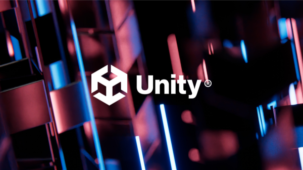Flat white Unity logo over graphic background of black, pink, blue, and white shapes