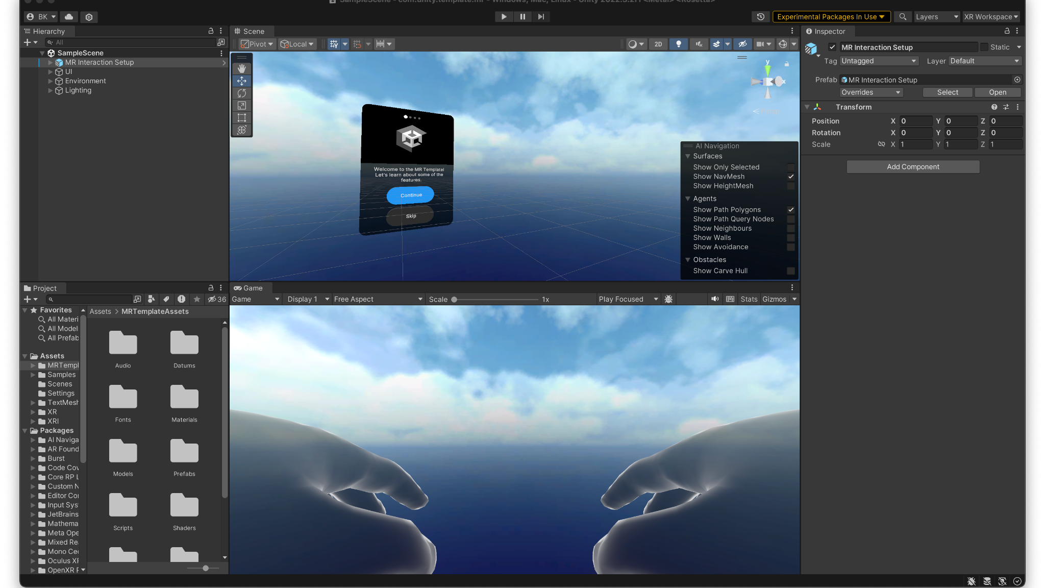 Peek of the Unity Editor interface with the MR template in action.