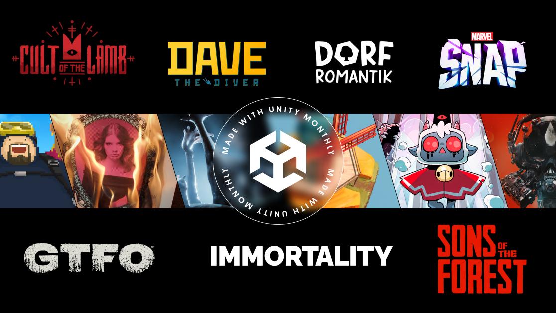 Collage of logos and artwork from 15th Unity Awards nominees for The Golden Cube (or, Best Overall Game) award [artwork, left to right]: Dave the Diver, IMMORTALITY, Sons of the Forest, Dorfromantik, Cult of the Lamb, and GTFO