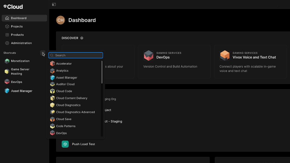 Preview of the Unity Cloud dashboard showing text-based side menu and icon-based top menu