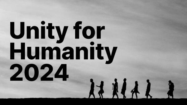 Key art for the Unity for Humanity 2024 Grant featuring human silhouettes of varied sizes and genders walking downhill