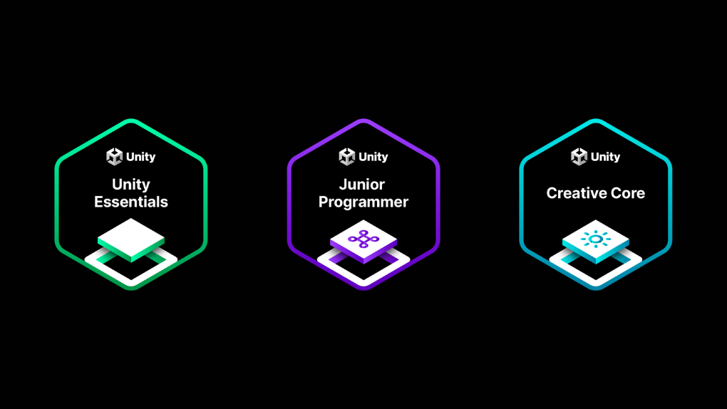 Side-by-side view of the badges for the Unity Essentials, Junior Programmer, and Creative Core badges for Unity Learn pathways