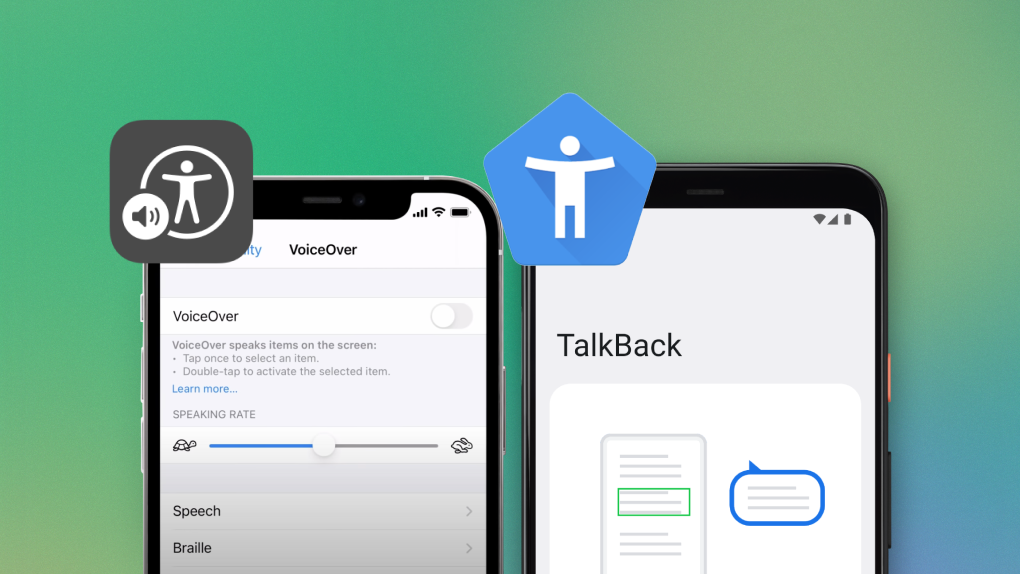 Two screenshots showing the iOS VoiceOver (left) and Android TalkBack (right) screen reader technologies