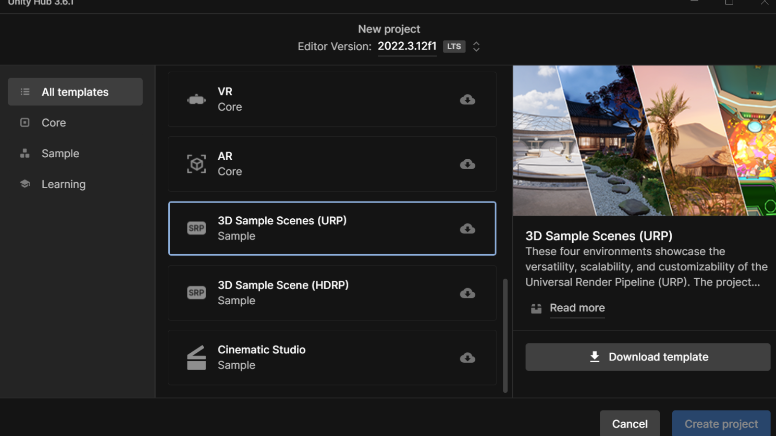 View of the URP 3D Sample download window in the Unity Hub