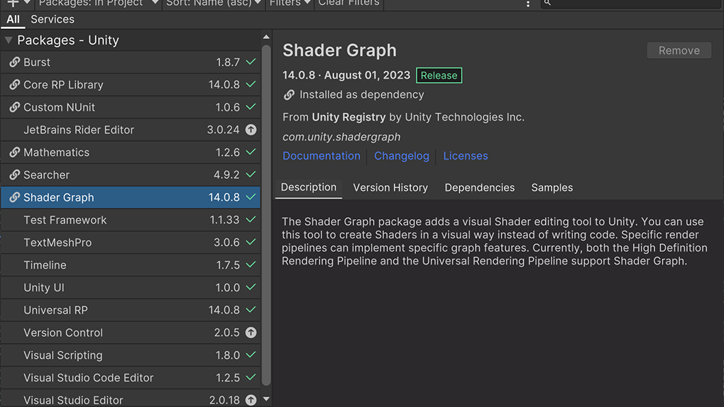 The Package Manager window with the Shader Graph package selected