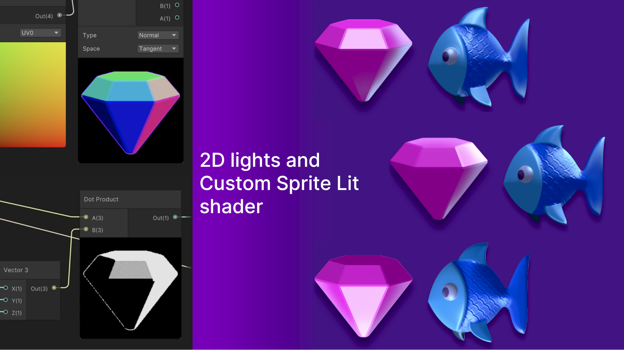 Using the Dot Product node in Shader Graph for creating effects on a gem in the sample
