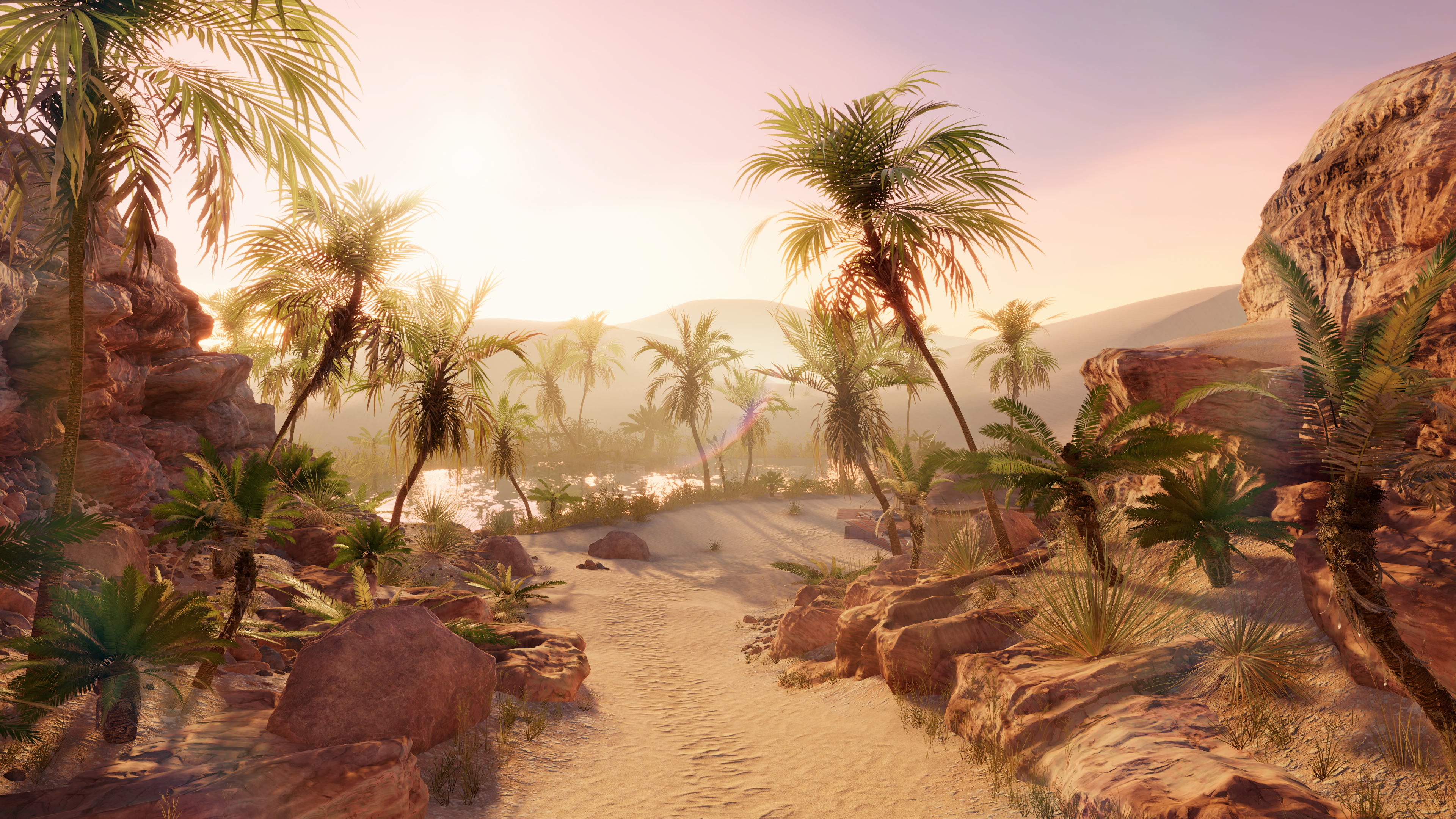 A desert oasis scene from Unity’s URP 3D sample