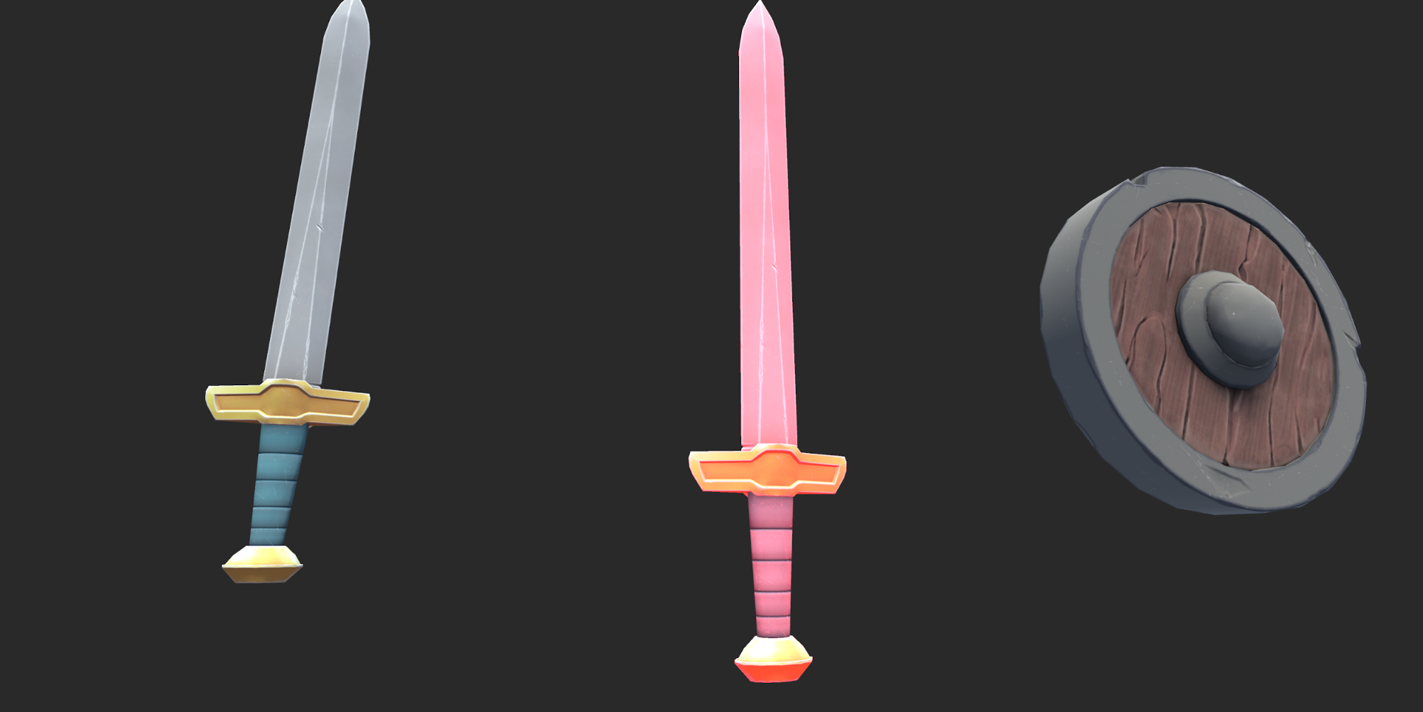 A silver/grey sword is on the left, a pink sword is in the middle and a wooden/brown and silver/grey circular shield is on the right. The background is black. 