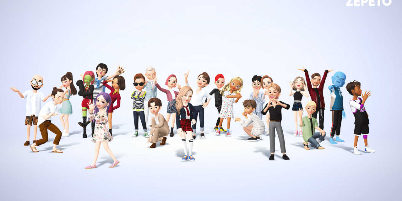 In the cente of the image is a large group of characters from the ZEPETO platform
