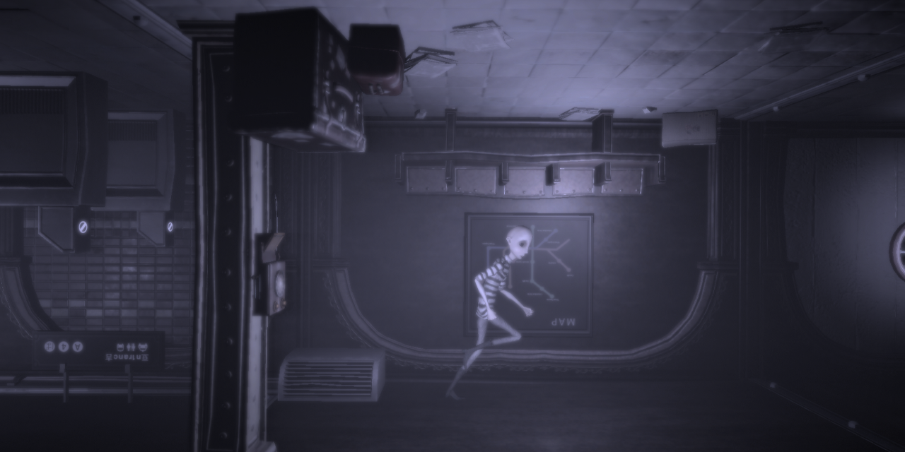 Person with bald head, wearing a striped outfit is running around a room. The still is taken from a game. The whole image is been made to look grey and faded.