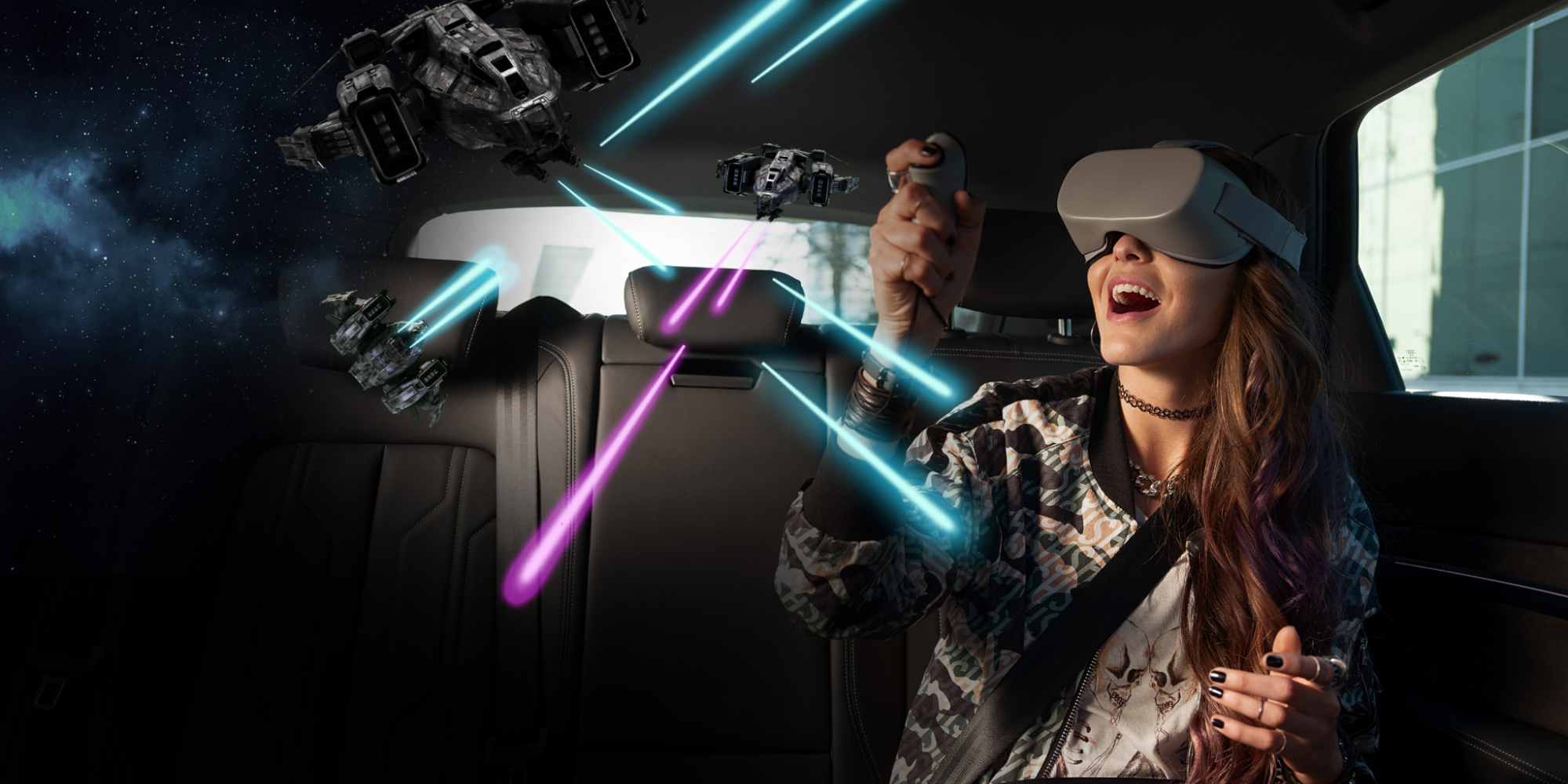 Girl in a sedan with black leather interior wearing a grey VR headset playing a Star Wars-esk game