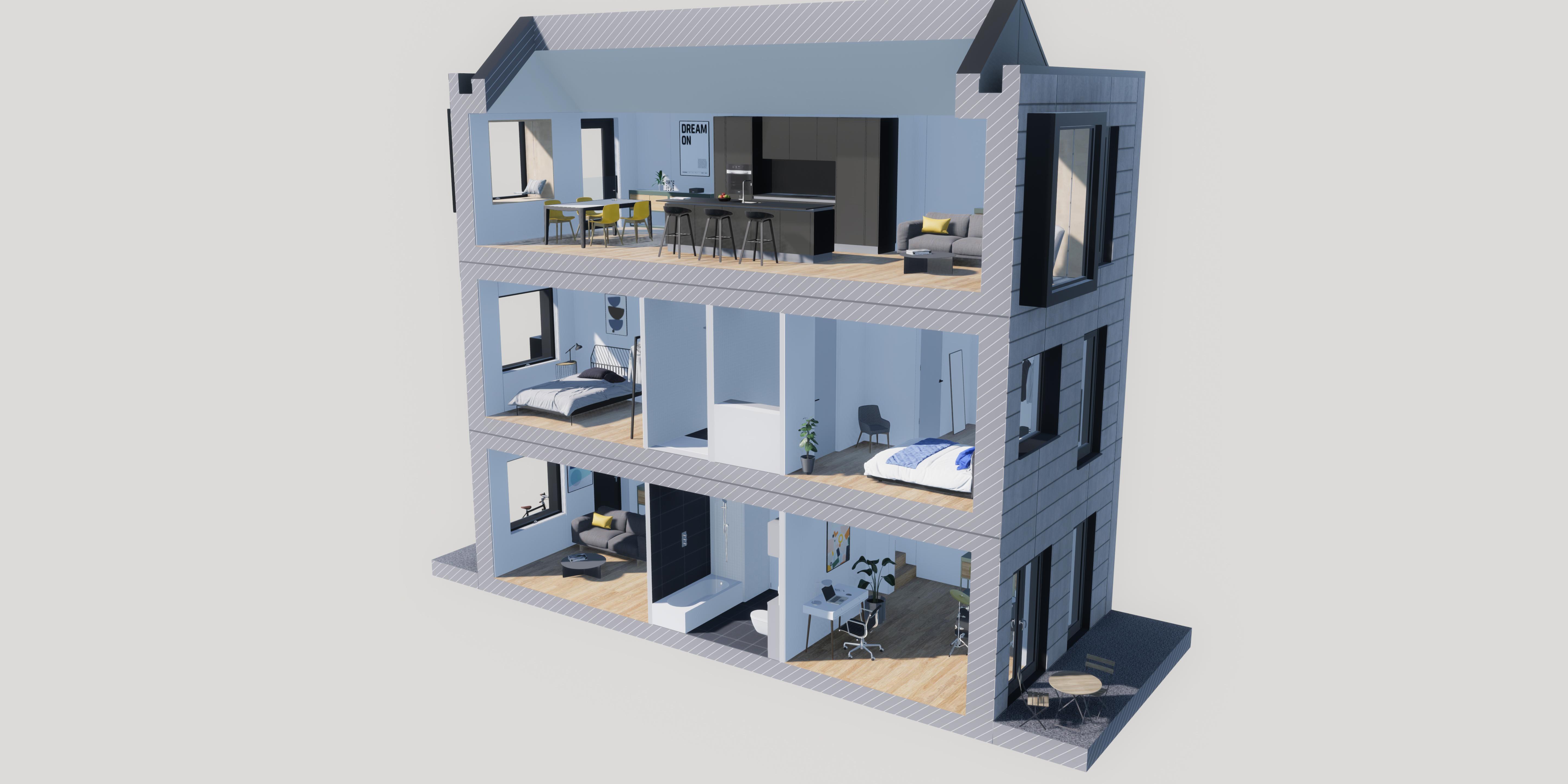 3D blueprint of a house that allows you to see inside almost like a dollhouse.