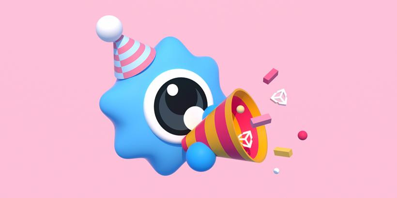 This graphic shows a blue, one-eyed star wearing a party hat, on a pink background