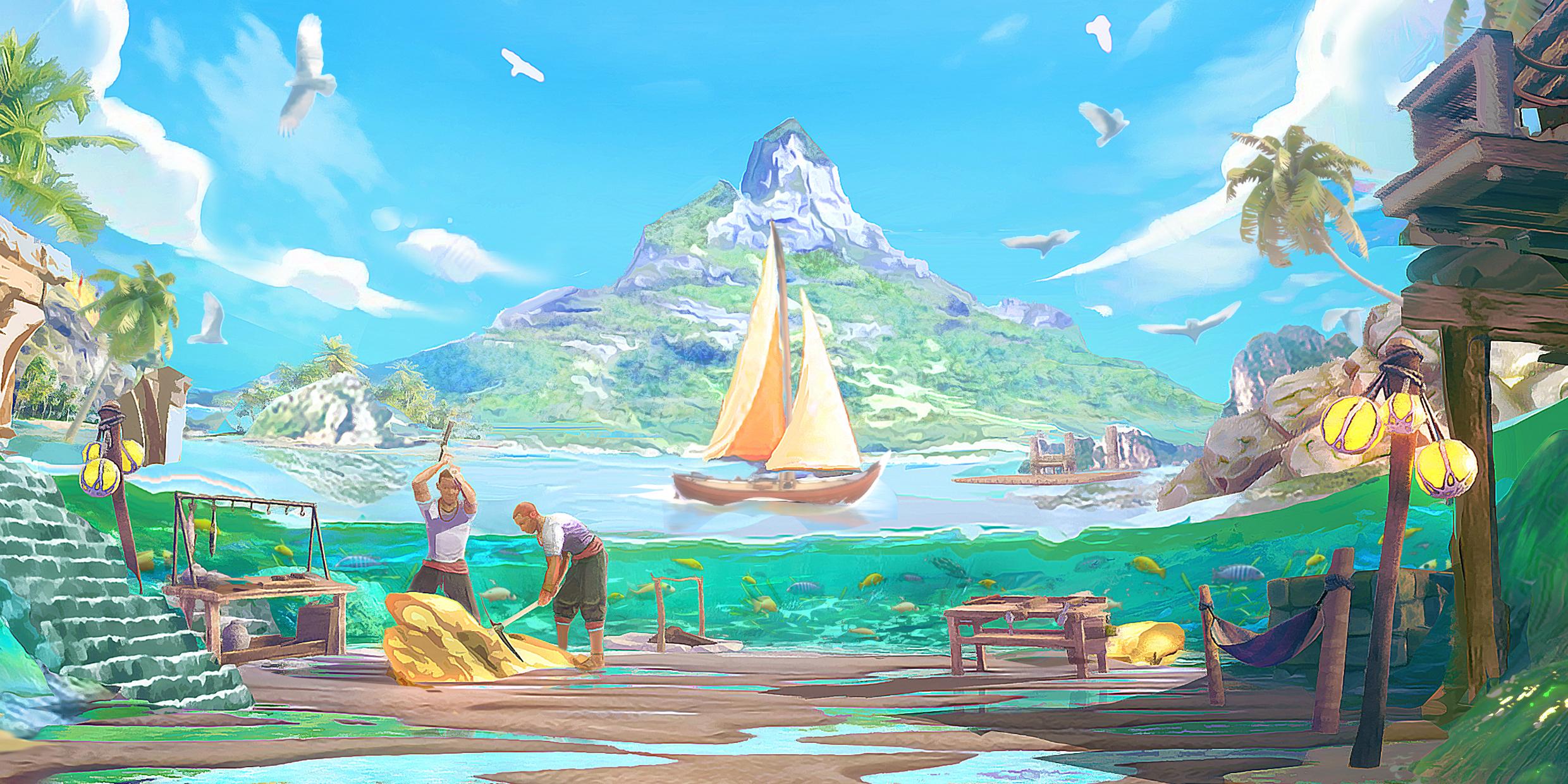 stylized screenshot of beach and water