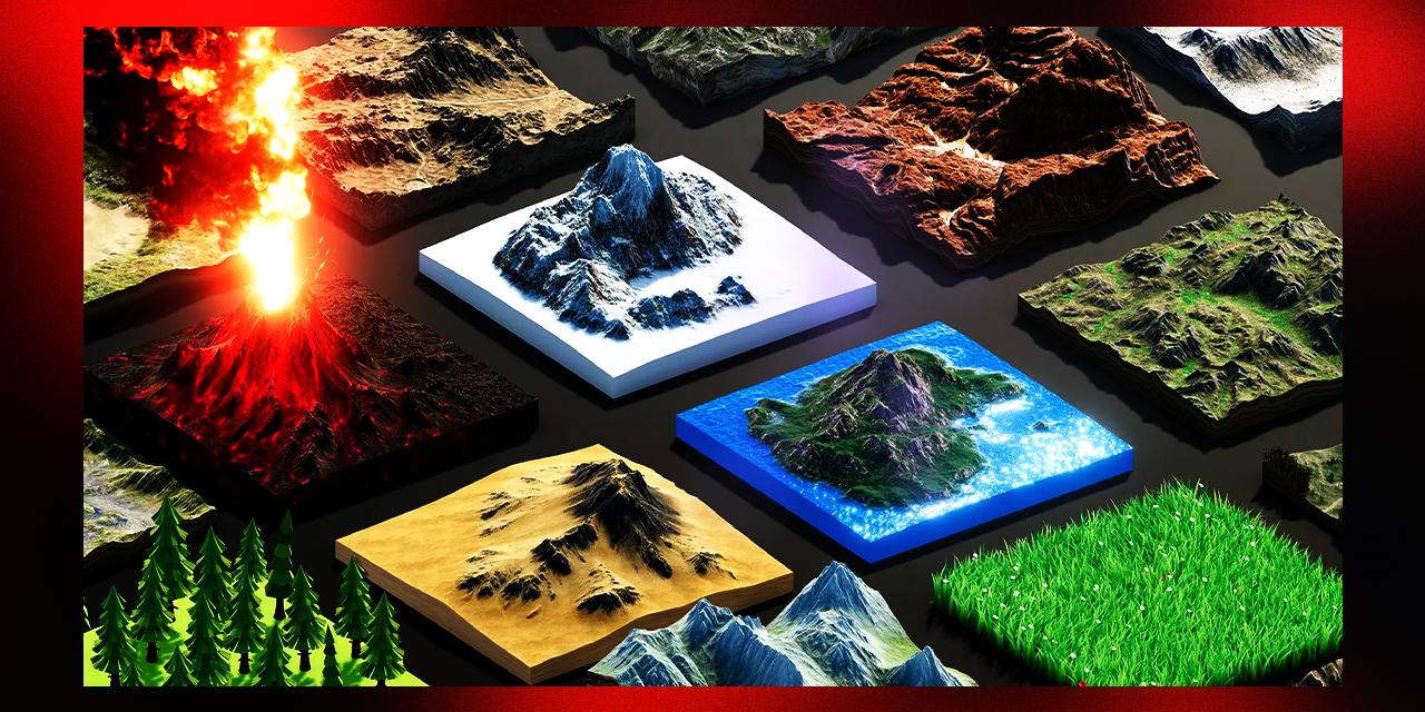 Image of 3D square shaped terrains laying flat on a black background