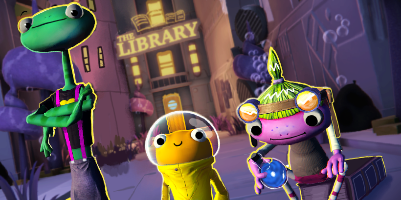 A trio of characters are framed in the center of an image: a short goldfish with a friendly expression, a tall salamander in a confident pose, and a frog gazing intently at a potion bottle. Behind them, a neon sign identifies a building as The Library.