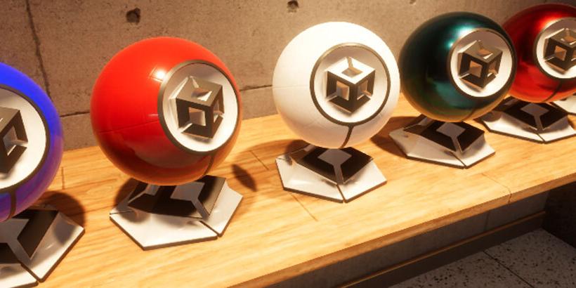 Different color Unity logo spheres on a shelf