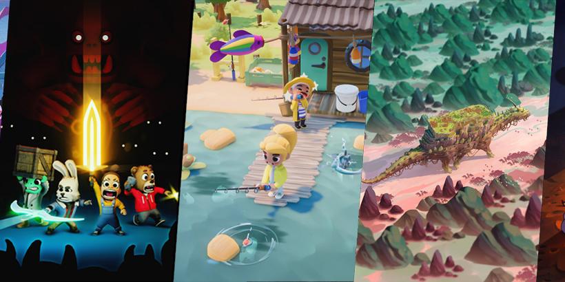 Image depicting slices of stills from Paper Trail, Beyond Beast, Go-Go Town!, The Wandering Village, and Goodbye Volcano High – all games made with Unity.