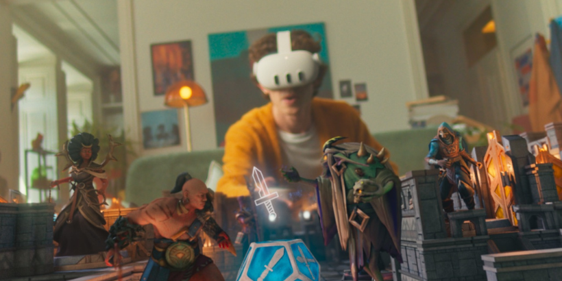 Caucasian man seated on couch wearing Meta Quest 3 headset while game characters and sets unfold around him in mixed reality.