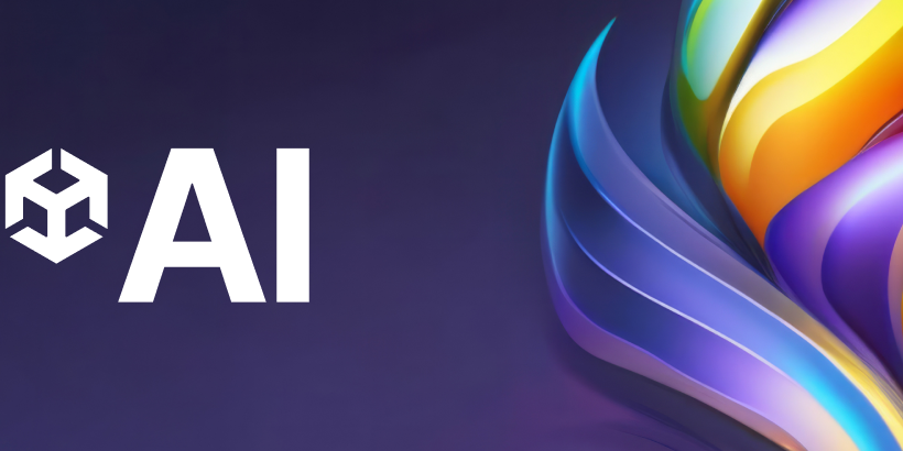 Unity cube logo in white followed by text reading “AI” on dark purple background with colorful swirling, curved lines on righthand side 