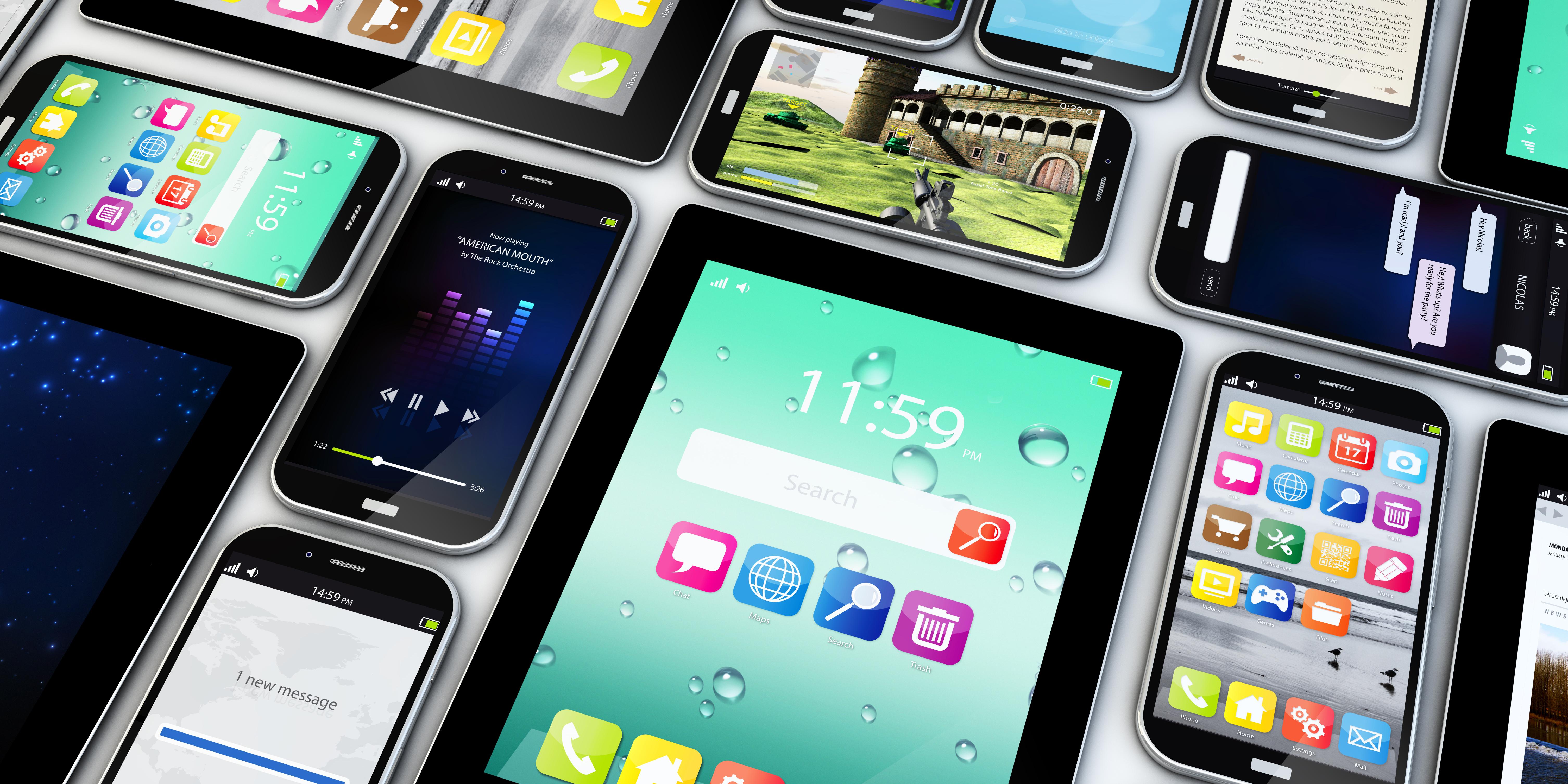 Group of mobile devices with apps and interfaces (credit: MclittleStock - stock.adobe.com)