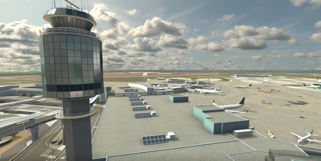 View of airport tarmac with the YVR digital twin, made with Unity