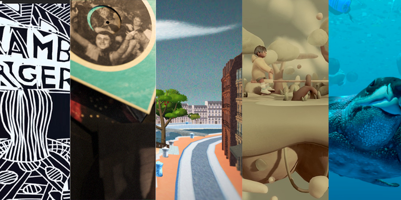 Composite image of seven VR experiences featured as part of StoryFutures programming