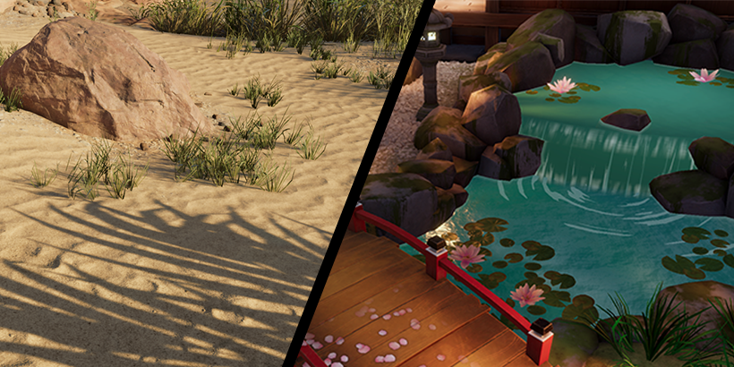 Sample scenes that apply nature shaders – sand (left) and water (right) – using Shader Graph in 2022 LTS