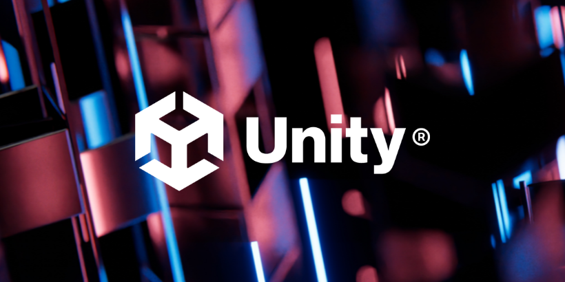Flat white Unity logo over graphic background of black, pink, blue, and white shapes