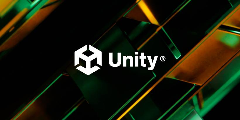 Unity logo on multicolored background of black, greens, and yellows