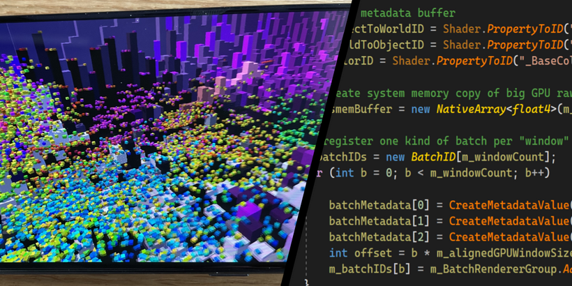 A side-by-side look at a still image of the BatchRendererGroup (BRG) shooter sample in action on a horizontal smartphone next to code for the sample.