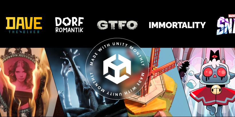 Collage of logos and artwork from 15th Unity Awards nominees for The Golden Cube (or, Best Overall Game) award [artwork, left to right]: Dave the Diver, IMMORTALITY, Sons of the Forest, Dorfromantik, Cult of the Lamb, and GTFO