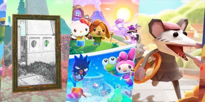Collage of key art from five games made with Unity in 2023. From left to right: Bare Butt Boxing (Tuatara Games), Viewfinder (Sad Owl Studios), Hello Kitty Island Adventure (Sunblink Entertainment LLC), Pizza Possum (Cosy Computer), and Dinky Guardians (Endless Loop Studios and Code Monkey).