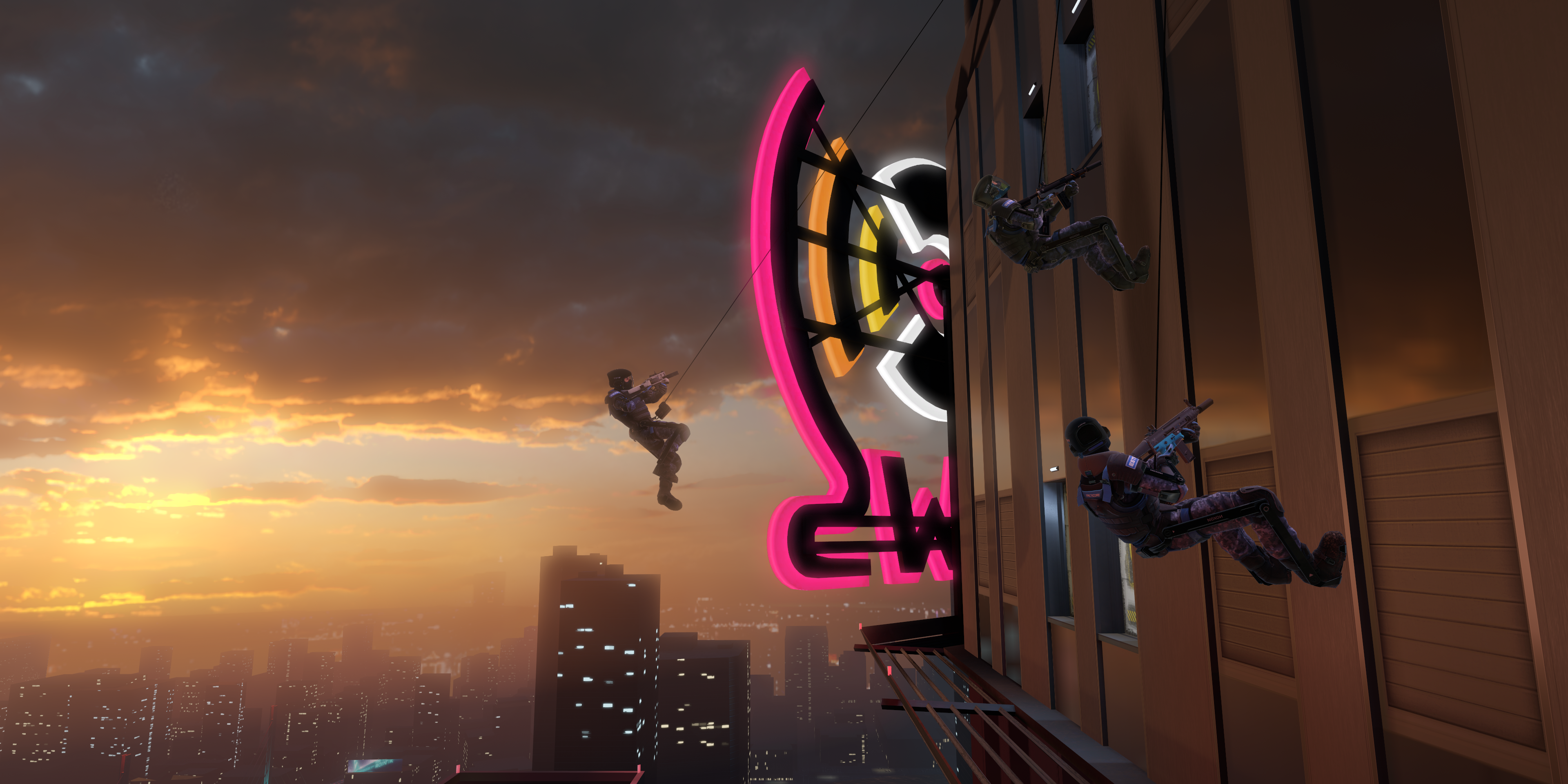 Players rappel down a building in the video game Breachers, by Triangle Factory