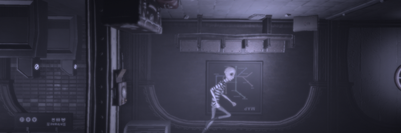 Person with bald head, wearing a striped outfit is running around a room. The still is taken from a game. The whole image is been made to look grey and faded.