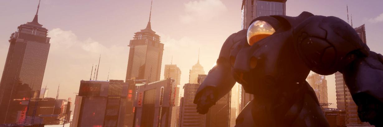 A large robot walks through a city, it is visible from the waist up and there are skyscrapers in the background.
