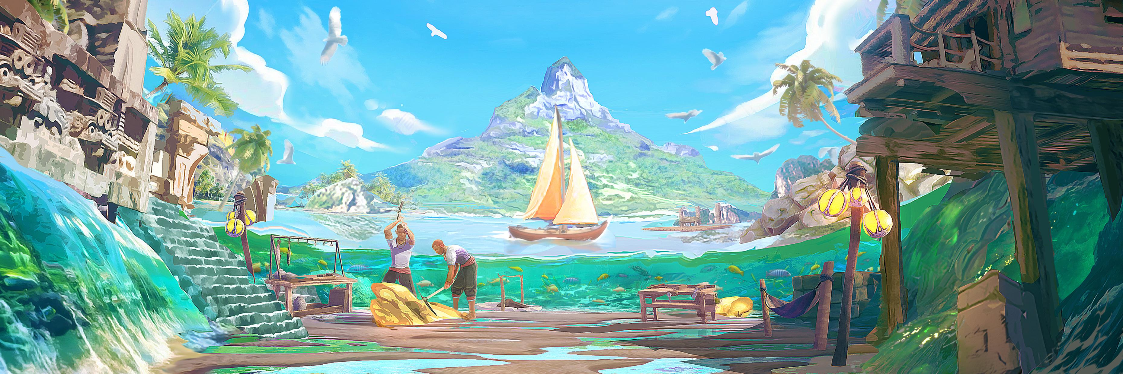 stylized screenshot of beach and water