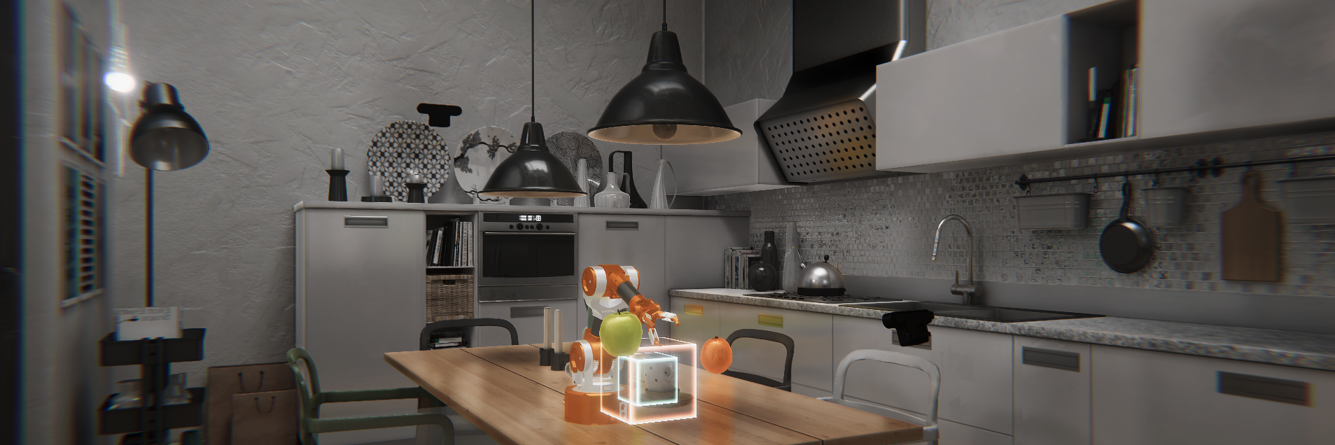 kitchen digital twin with a robot on a dining table