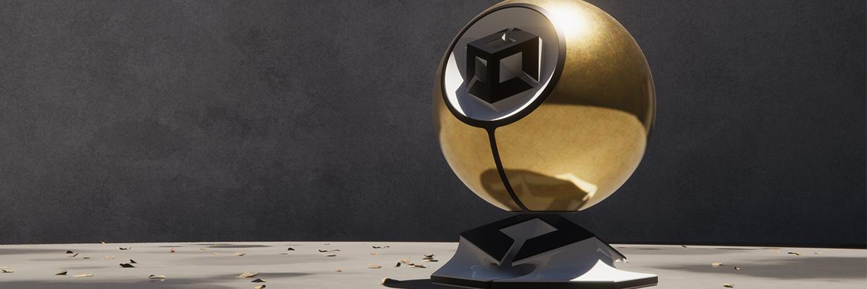 Image of a shiny gold globe with Unity's logo against a grey background